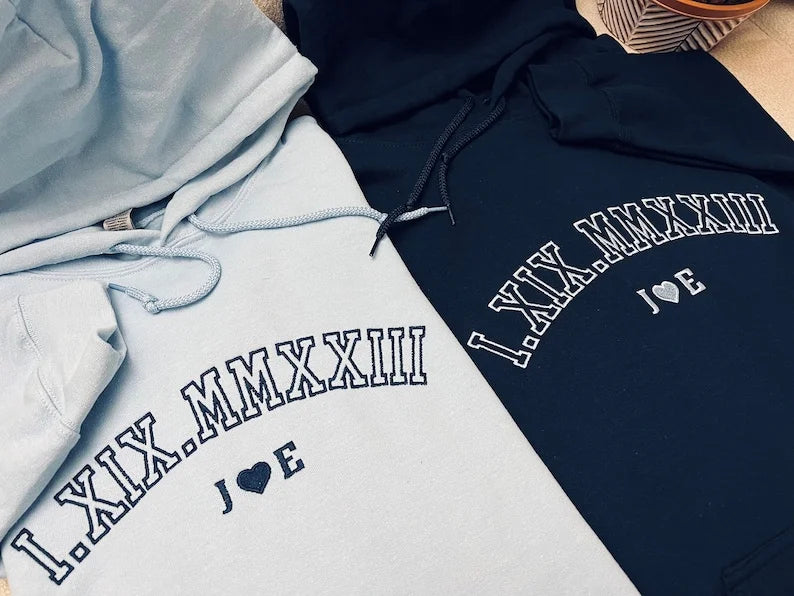 Custom Embroider Roman Numeral Crewneck Hoodie Personaliz Couples Gifts