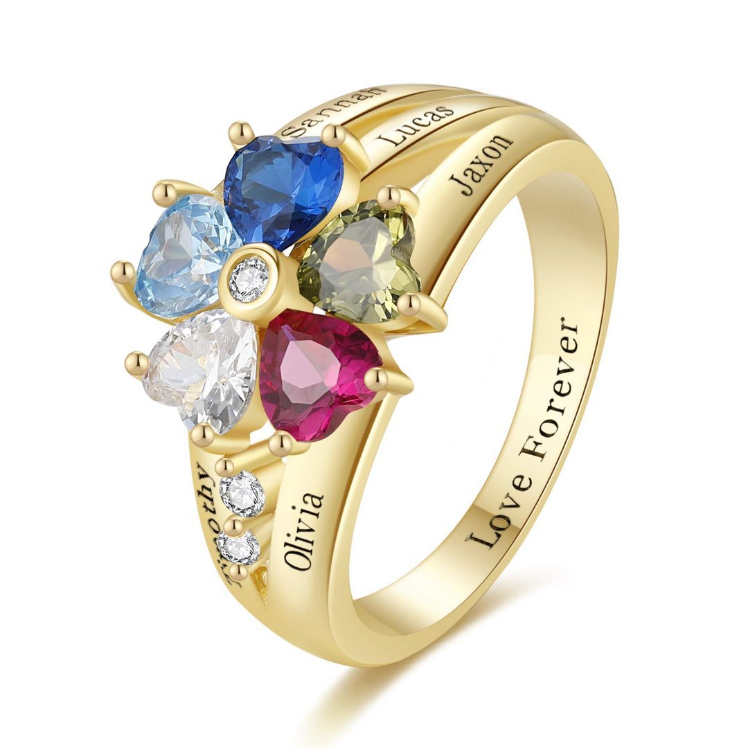 Customized Engarving Heart Birthstone Flower Ring