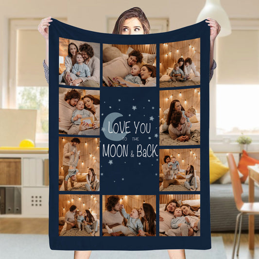 Custom 10 Photos Love You To The Moon Back Fleece Blanket💞