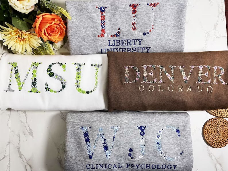 Customizable college floral embroidered crew neck shirt/hoodie