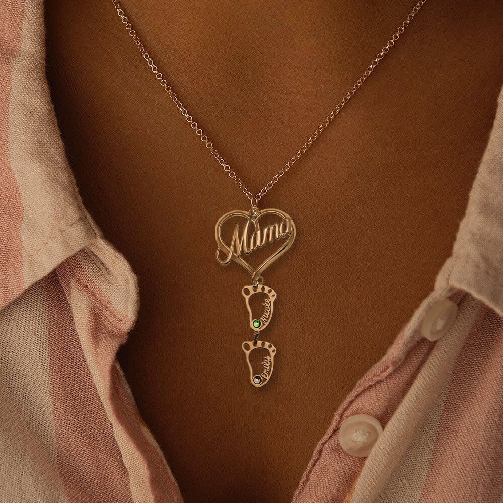 Personalized Heart Birthstones Necklace with BabyFeet👩