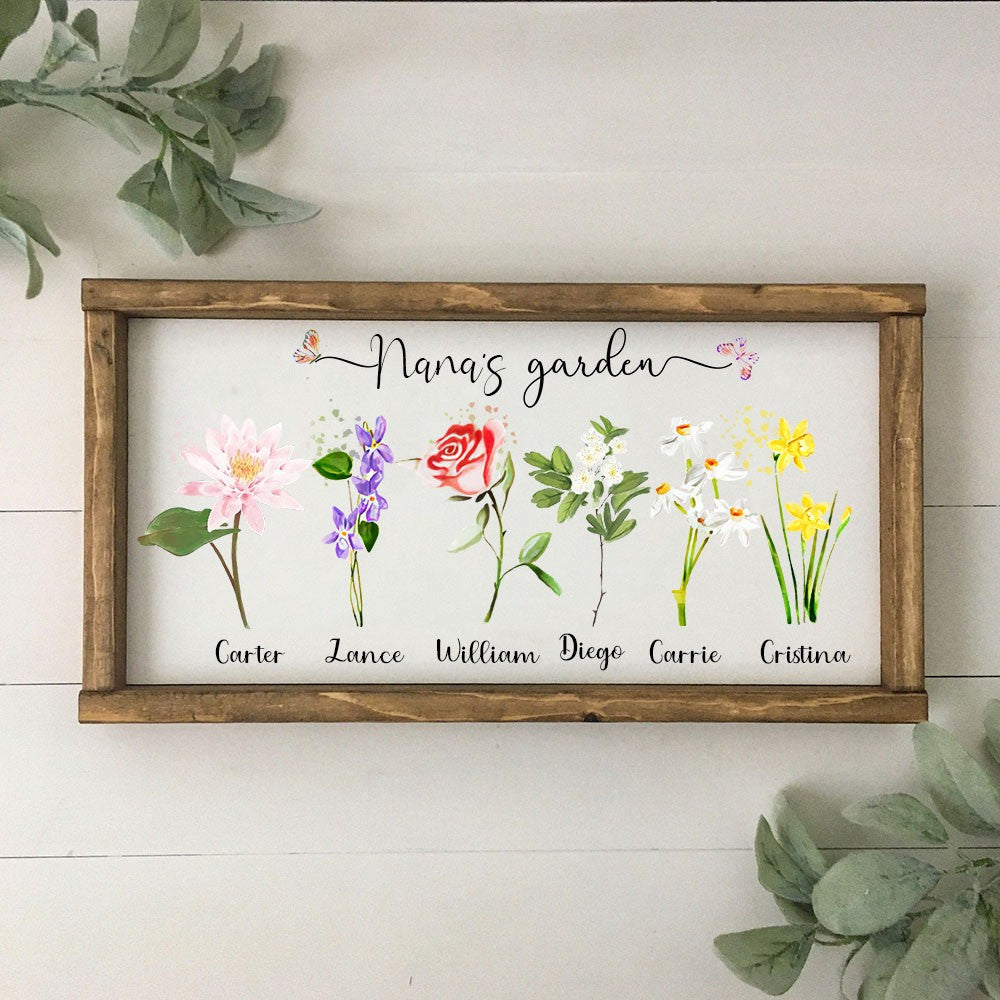 Personalized Grandma's Garden Frame Sign With Grandchildren Names and Birth Flower For Mother's Day Gift