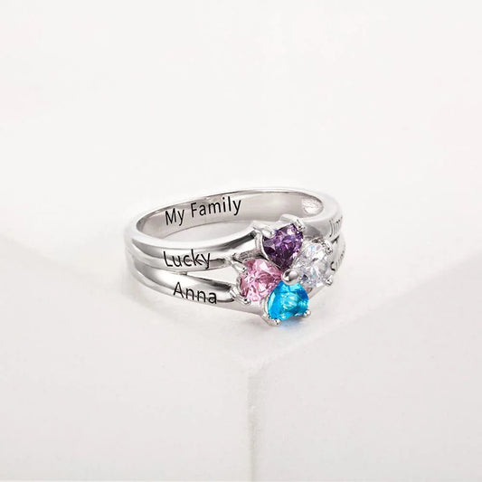 Customized Engarving Heart Birthstone Flower Ring