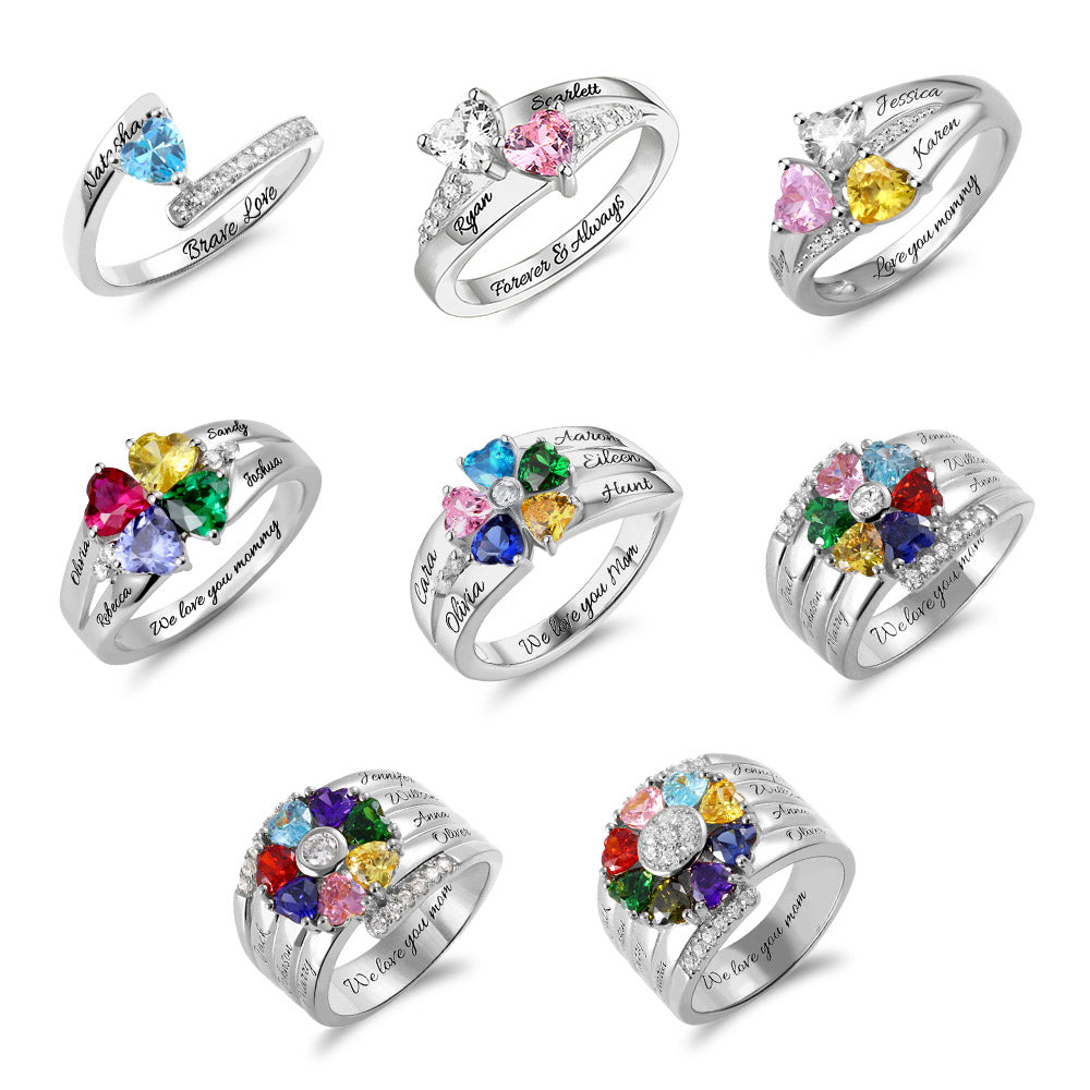 Customized Engarving Heart Birthstone Flower Ring