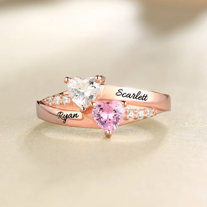 Customized Engarving Heart Birthstone Flower Ring