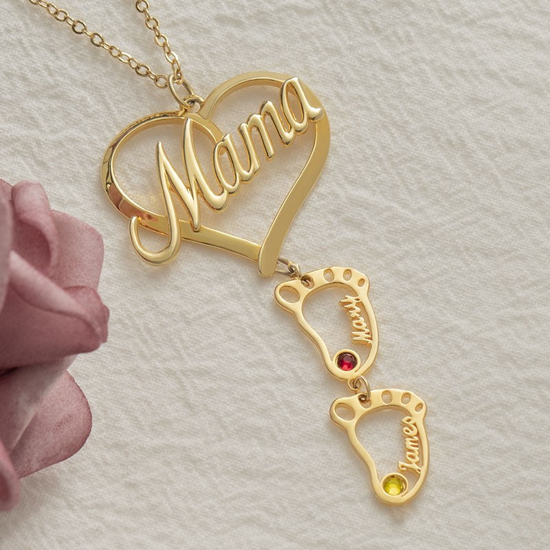 Personalized Heart Birthstones Necklace with BabyFeet👩